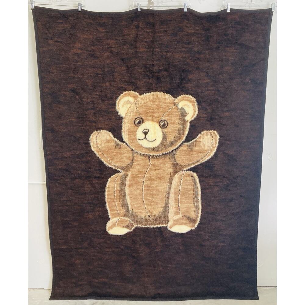 Vintage Biederlack Velours Reversible Teddy Bear Blanket Throw Brown Blue Plush